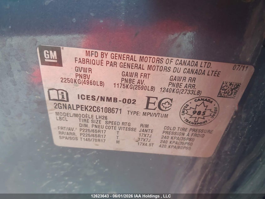 2012 Chevrolet Equinox 2Lt VIN: 2GNALPEK2C6108671 Lot: 12623643