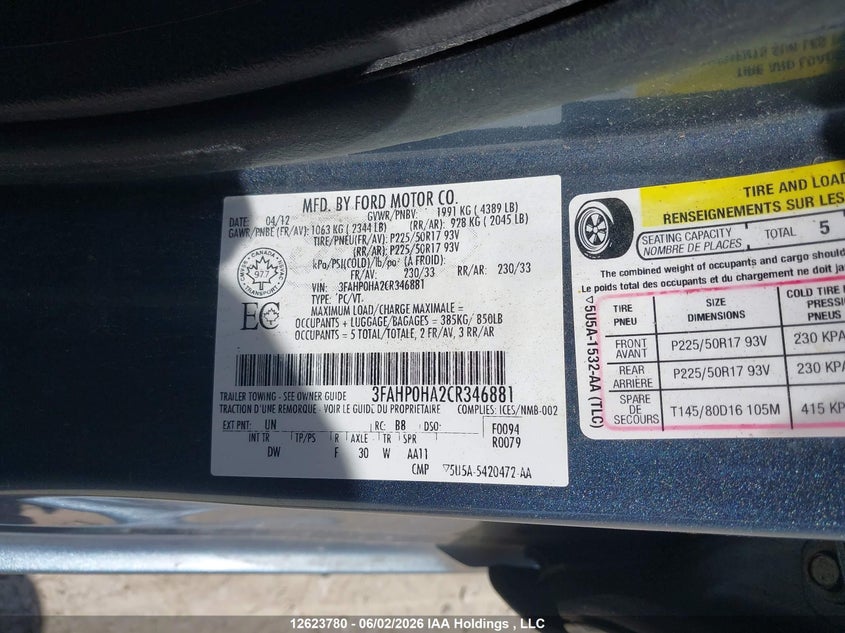 2012 FORD FUSION SEDAN 2.5L I-4 DOHC, VVT, 175HP