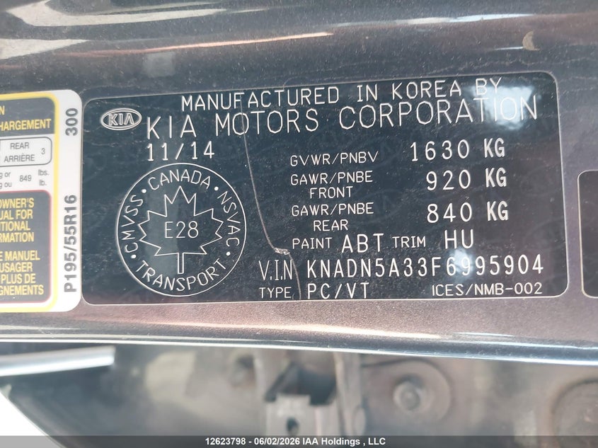 2015 Kia Rio Ex/Lx/Lx+/Sx VIN: KNADN5A33F6995904 Lot: 12623798