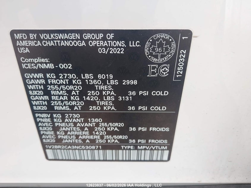 2022 Volkswagen Atlas 3.6 Fsi Highline VIN: 1V2BR2CA3NC530871 Lot: 12623837