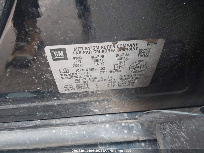 2020 Buick Encore Gx Awd Preferred VIN: KL4MMCSL4LB134415 Lot: 12607789X