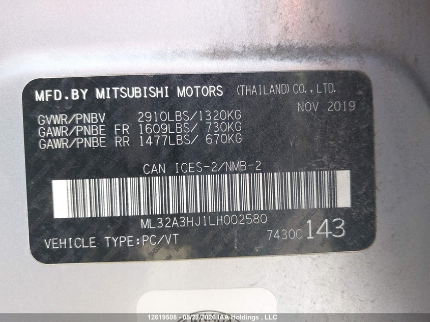 2020 Mitsubishi Mirage Es/Se VIN: ML32A3HJ1LH002580 Lot: 12619508X