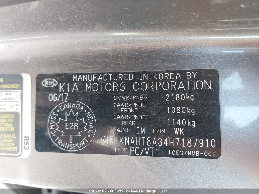 2017 Kia Rondo L/Lx VIN: KNAHT8A34H7187910 Lot: 12624182