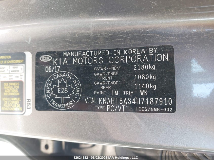 2017 Kia Rondo L/Lx VIN: KNAHT8A34H7187910 Lot: 12624182