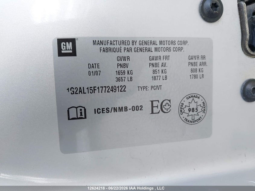 2007 Pontiac G5 Se VIN: 1G2AL15F177249122 Lot: 12624218