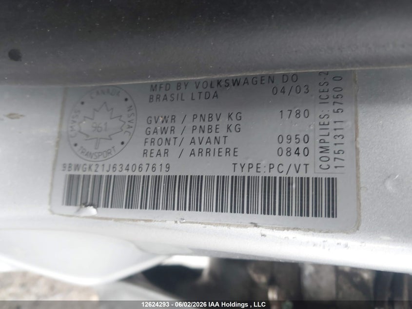 2003 Volkswagen Golf Gls VIN: 9BWGK21J634067619 Lot: 12624293