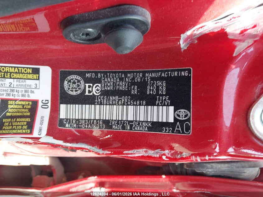 2015 TOYOTA COROLLA SEDAN 1.8L I-4 DOHC, VVT, 132HP