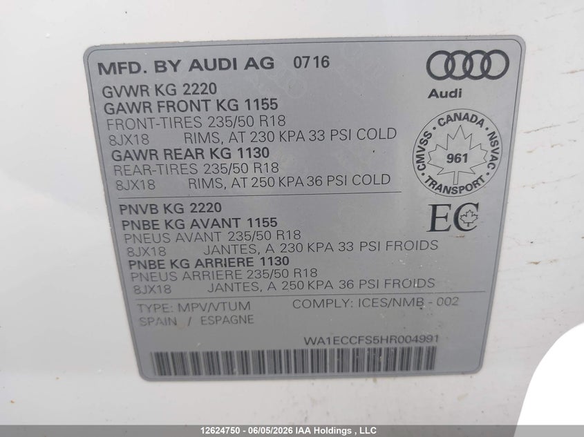 2017 Audi Q3 2.0T Komfort VIN: WA1ECCFS5HR004991 Lot: 12624750