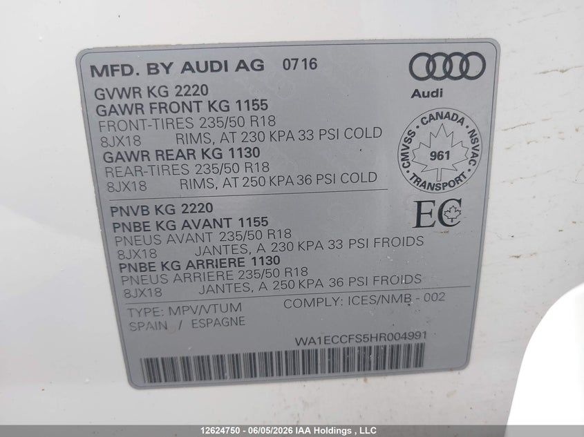 2017 Audi Q3 2.0T Komfort VIN: WA1ECCFS5HR004991 Lot: 12624750