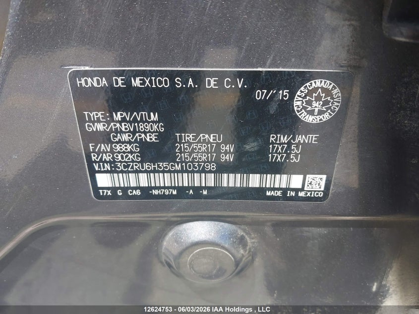 2016 Honda Hr-V Lx VIN: 3CZRU6H35GM103798 Lot: 12624753