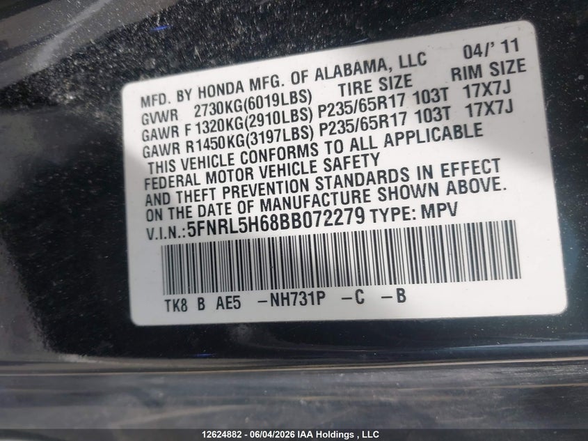 2011 HONDA ODYSSEY VAN 3.5L V6 FI SOHC 24V NF4