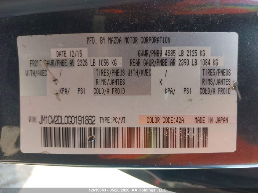 2016 Mazda Mazda5 Gt VIN: JM1CW2DL0G0191862 Lot: 12619843X