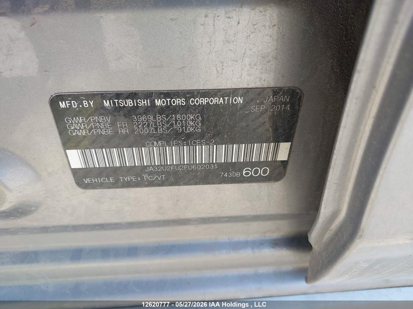 2015 Mitsubishi Lancer Gt/Se VIN: JA32U2FU2FU602031 Lot: 12620777X