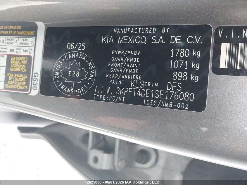 2025 Kia K4 Lx/Lxs VIN: 3KPFT4DE1SE176080 Lot: 12625038