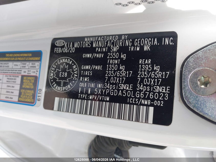 2020 Kia Sorento 3.3L Black Line/3.3L Lx+ VIN: 5XYPGDA50LG676023 Lot: 12625088