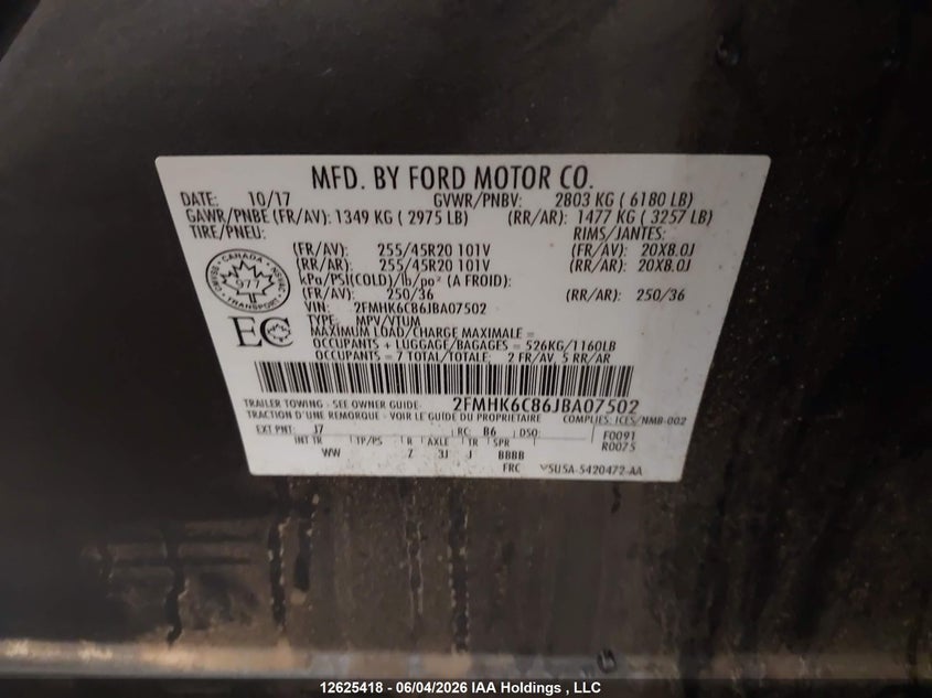 2018 Ford Flex Sel VIN: 2FMHK6C86JBA07502 Lot: 12625418