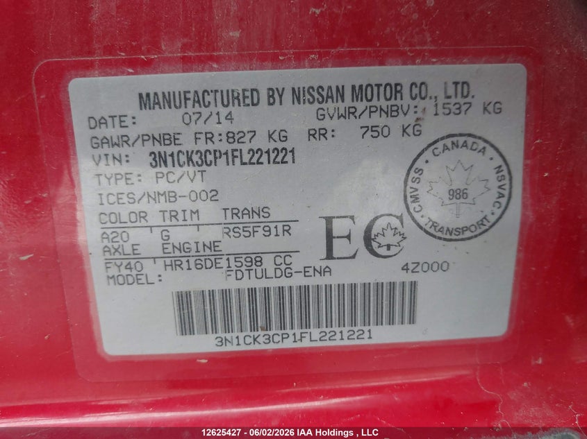 2015 Nissan Micra VIN: 3N1CK3CP1FL221221 Lot: 12625427