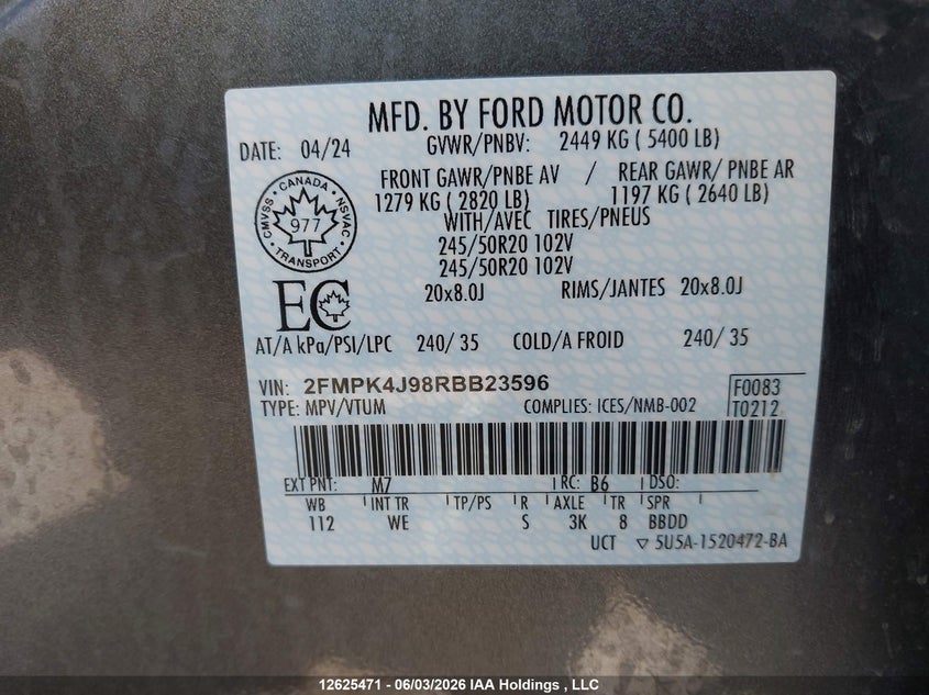 2024 Ford Edge St Line VIN: 2FMPK4J98RBB23596 Lot: 12625471