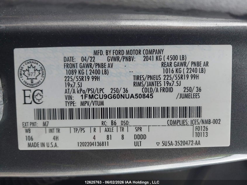 2022 Ford Escape Se VIN: 1FMCU9G60NUA50845 Lot: 12625763