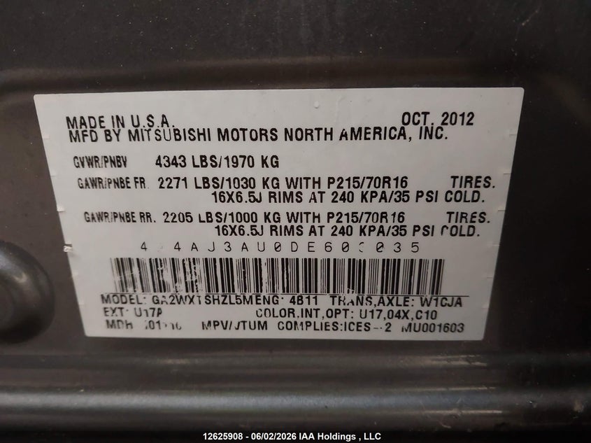 2013 Mitsubishi Rvr Se VIN: 4A4AJ3AU0DE603035 Lot: 12625908
