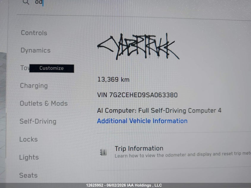 2025 Tesla Cybertruck Awd VIN: 7G2CEHED9SA063380 Lot: 12625952