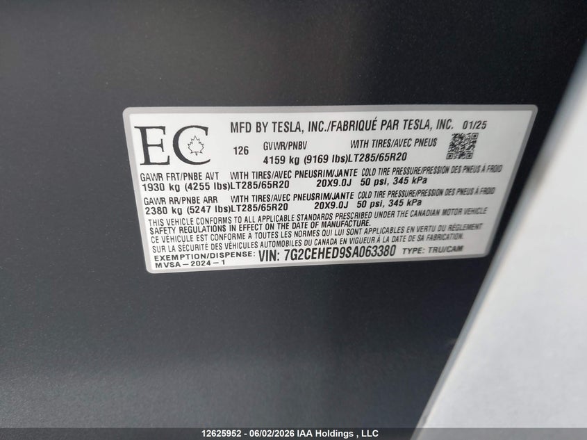 2025 Tesla Cybertruck Awd VIN: 7G2CEHED9SA063380 Lot: 12625952