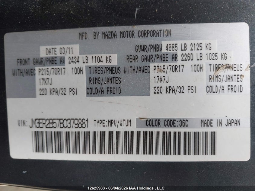 2011 Mazda Cx-7 I Sport VIN: JM3ER2B57B0379881 Lot: 12625983