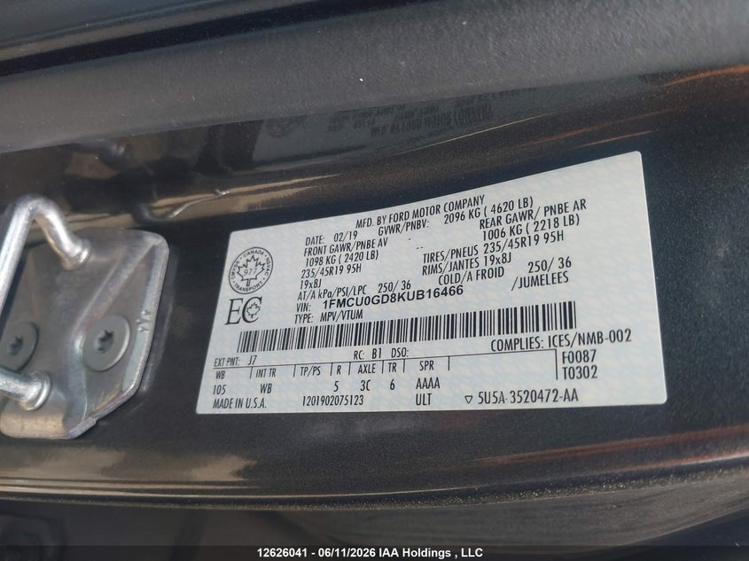 2019 FORD ESCAPE SPORT UTILITY VEHICLE 1.5L I-4 DI, DOHC, VVT, TURBO, 179HP