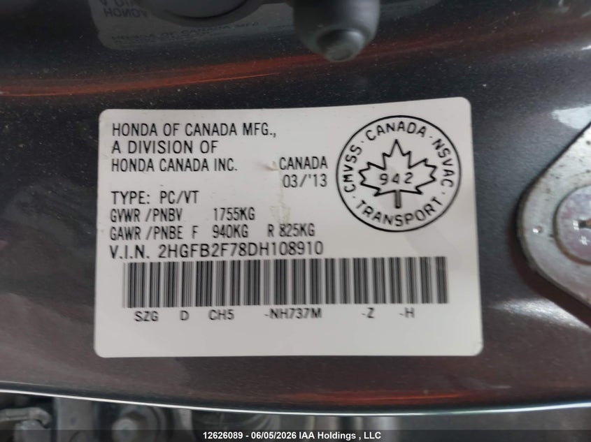 2013 HONDA CIVIC SEDAN 1.8L I4 FI SOHC 16V NF4