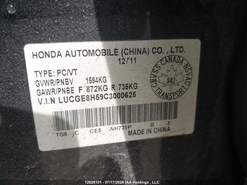 2012 Honda Fit Lx VIN: LUCGE8H59C3000625 Lot: 12626101