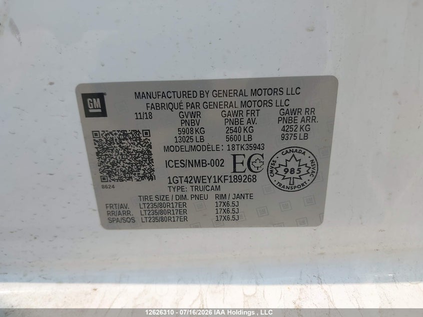 2019 GMC Sierra K3500 Denali VIN: 1GT42WEY1KF189268 Lot: 12626310