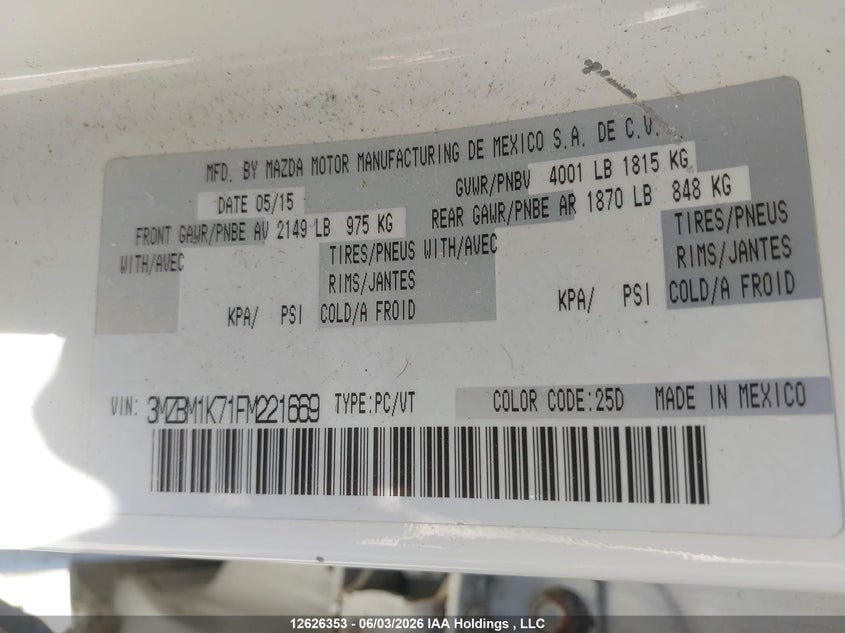 2015 MAZDA 3 HATCHBACK 2.0L I-4 DI, DOHC, VVT, 155HP