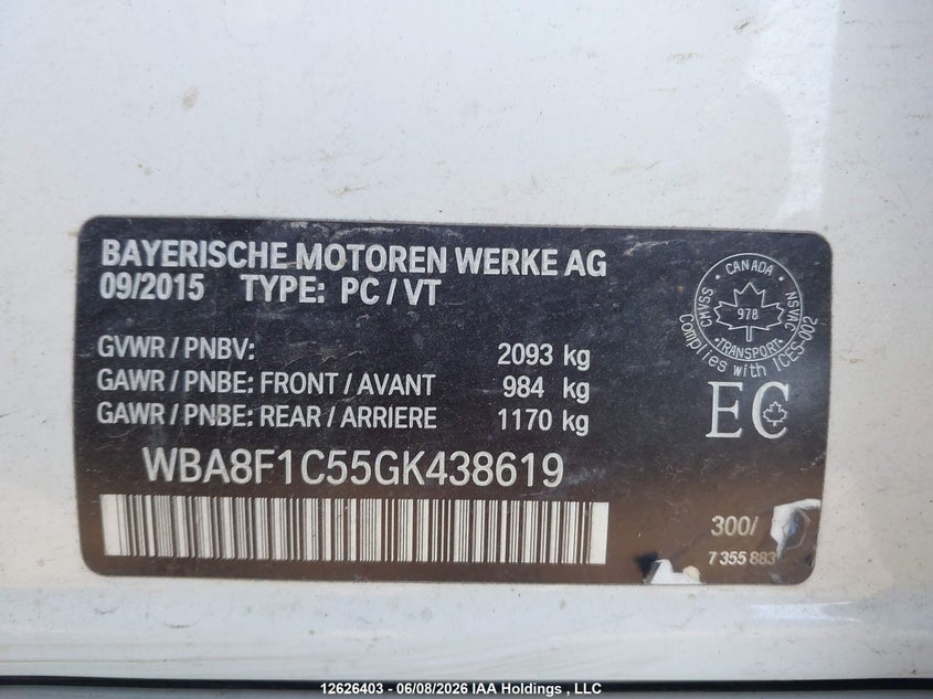 2016 BMW 328 D xDrive VIN: WBA8F1C55GK438619 Lot: 12626403