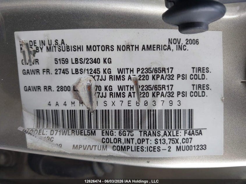 2007 Mitsubishi Endeavor Se VIN: 4A4MM31SX7E603793 Lot: 12626474