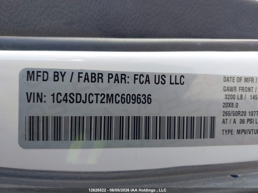 2021 Dodge Durango R/T VIN: 1C4SDJCT2MC609636 Lot: 12626522