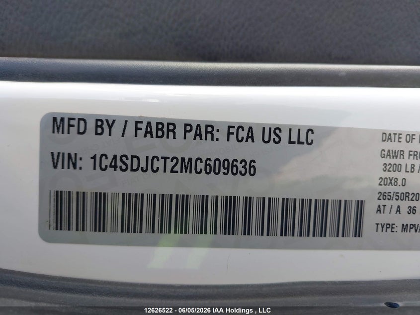 2021 Dodge Durango R/T VIN: 1C4SDJCT2MC609636 Lot: 12626522