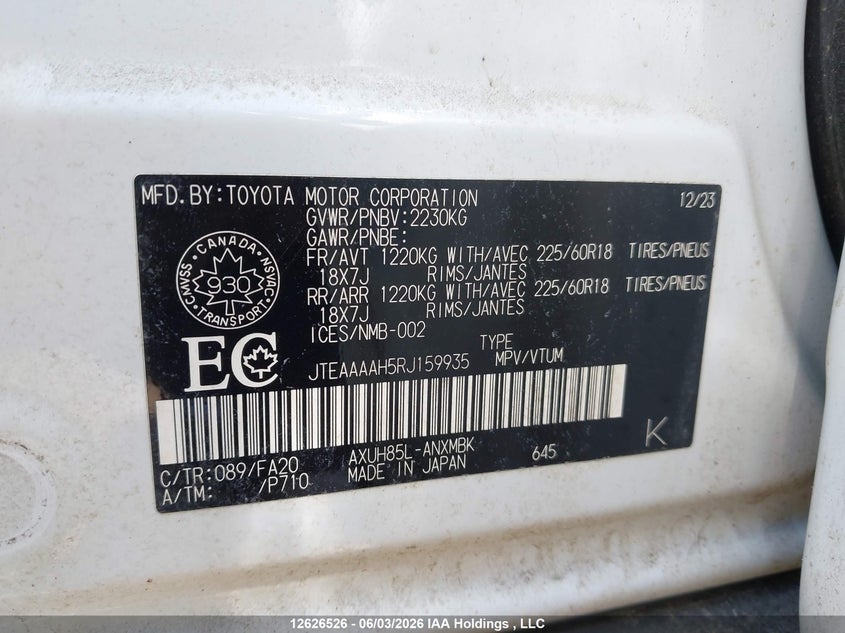 2024 Toyota Venza Le/Xle/Limited/Night Shade VIN: JTEAAAAH5RJ159935 Lot: 12626526