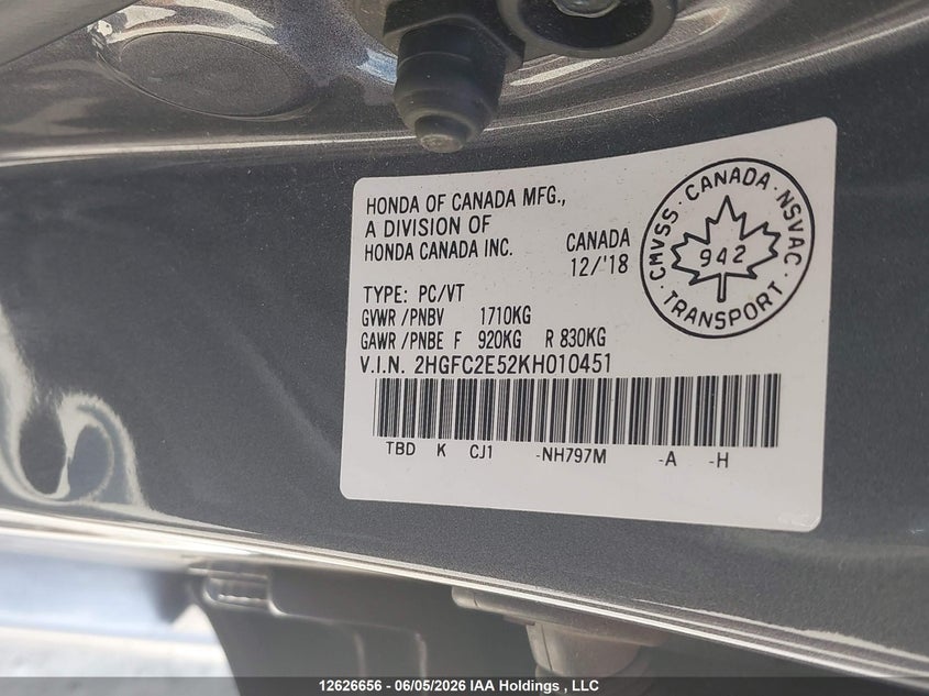 2019 Honda Civic Lx VIN: 2HGFC2E52KH010451 Lot: 12626656