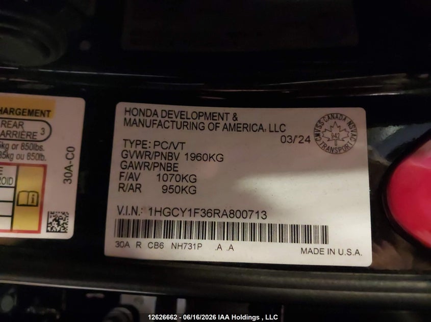 2024 Honda Accord Ex VIN: 1HGCY1F36RA800713 Lot: 12626662