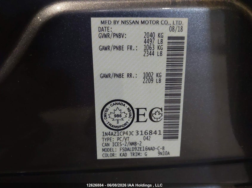 2018 Nissan Leaf S/Sl/Sv VIN: 1N4AZ1CP4JC316841 Lot: 12626884