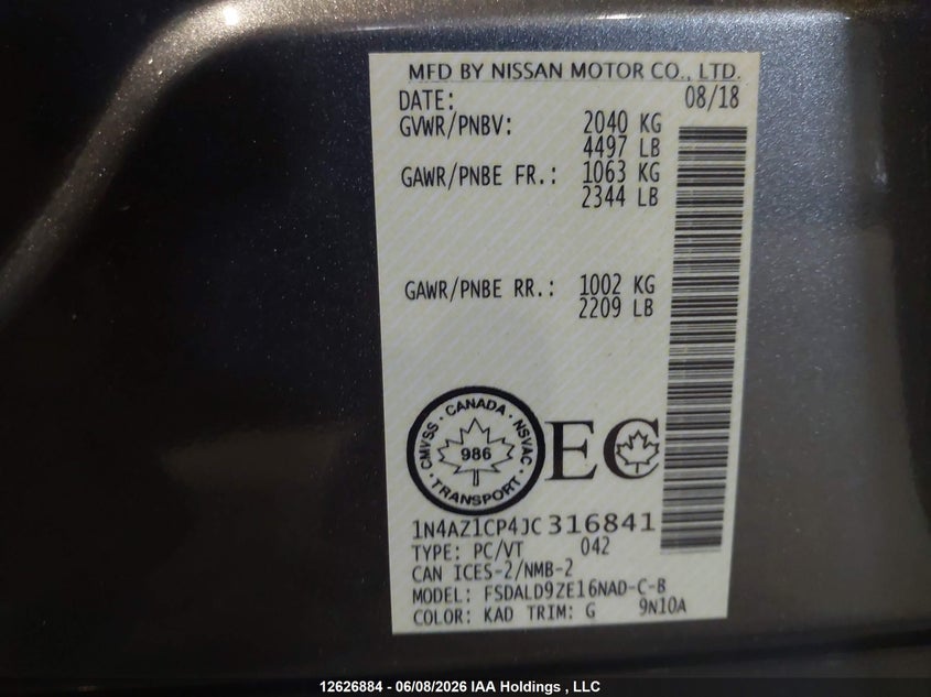 2018 Nissan Leaf S/Sl/Sv VIN: 1N4AZ1CP4JC316841 Lot: 12626884
