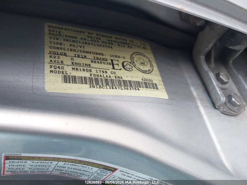 2007 Nissan Versa 1.8S VIN: 3N1BC13E47L363754 Lot: 12626893