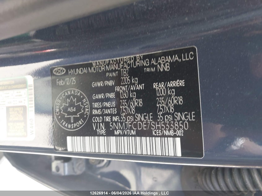 2025 Hyundai Tucson Xrt VIN: 5NMJFCDE7SH533850 Lot: 12626914