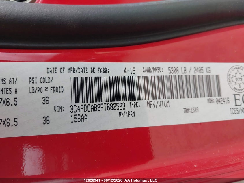 2015 Dodge Journey Se VIN: 3C4PDCAB9FT682523 Lot: 12626941