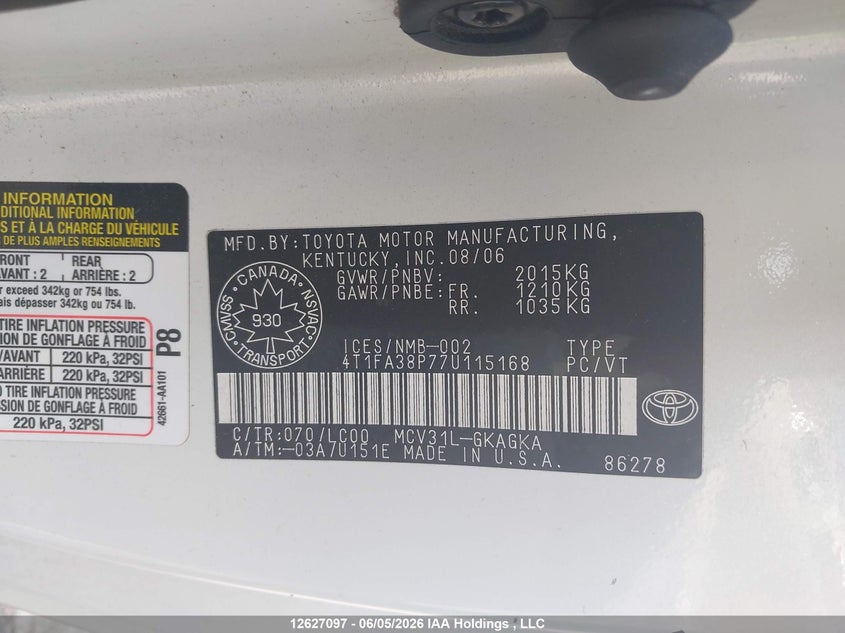 2007 Toyota Camry Solara Se/Sle VIN: 4T1FA38P77U115168 Lot: 12627097