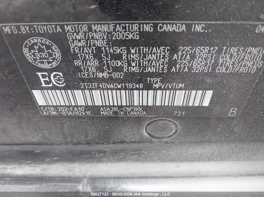 2012 TOYOTA RAV 4 SPORT UTILITY VEHICLE 2.5L I-4 DOHC, VVT, 179HP