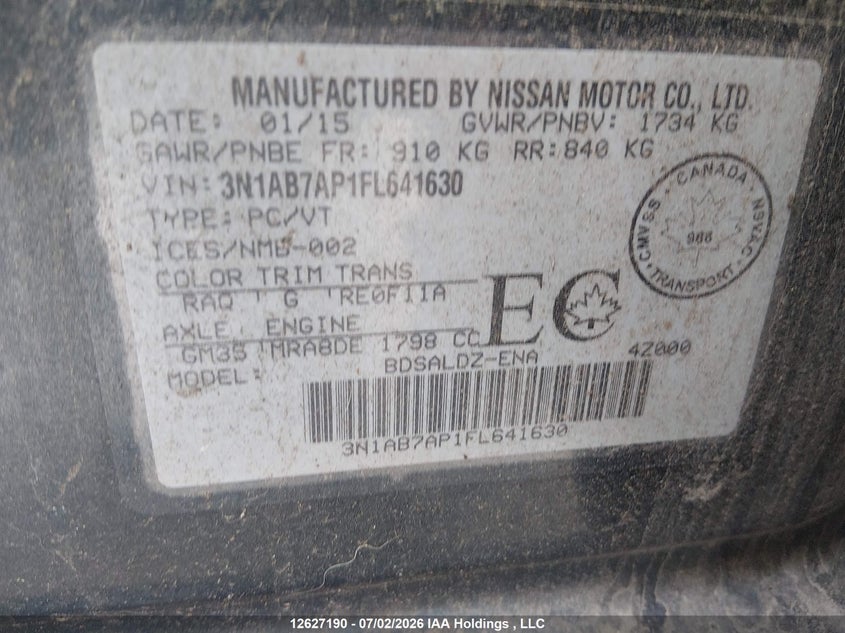 2015 NISSAN SENTRA SEDAN 1.8L I4 FI DOHC 16V NF4