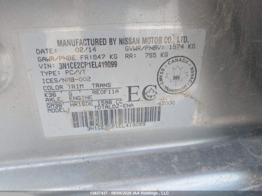 2014 NISSAN VERSA HATCHBACK 1.6L I-4 DOHC, VVT, 109HP
