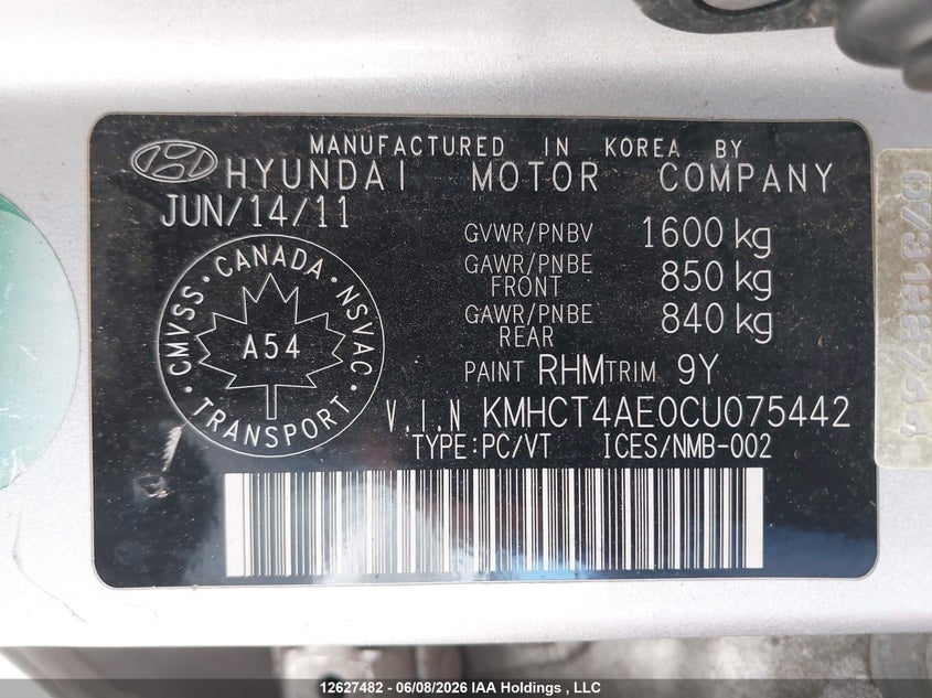 2012 HYUNDAI ACCENT HATCHBACK 1.6L I4 FI DOHC 16V NF4