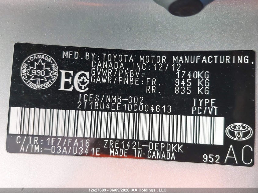 2013 TOYOTA COROLLA SEDAN 1.8L I-4 DOHC, VVT, 132HP